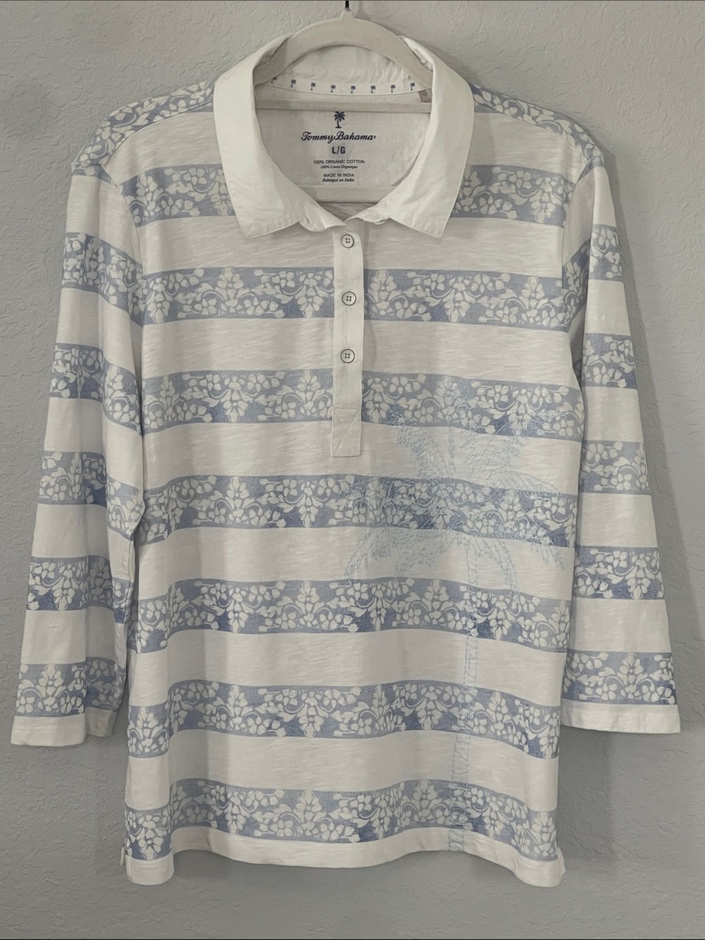Tommy Bahama Organic Cotton Palm Tree Embroidered Polo Top L Blue Floral